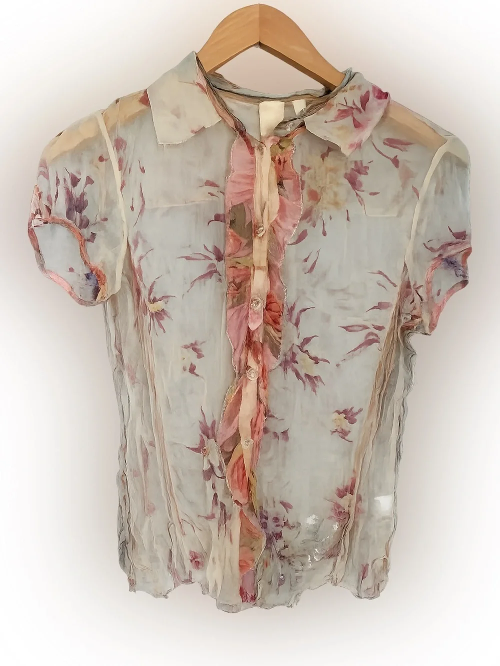 VTG Y2K Johnny Was For Love & Liberty Sheer Floral Silk Ruffle Button Blouse NWT